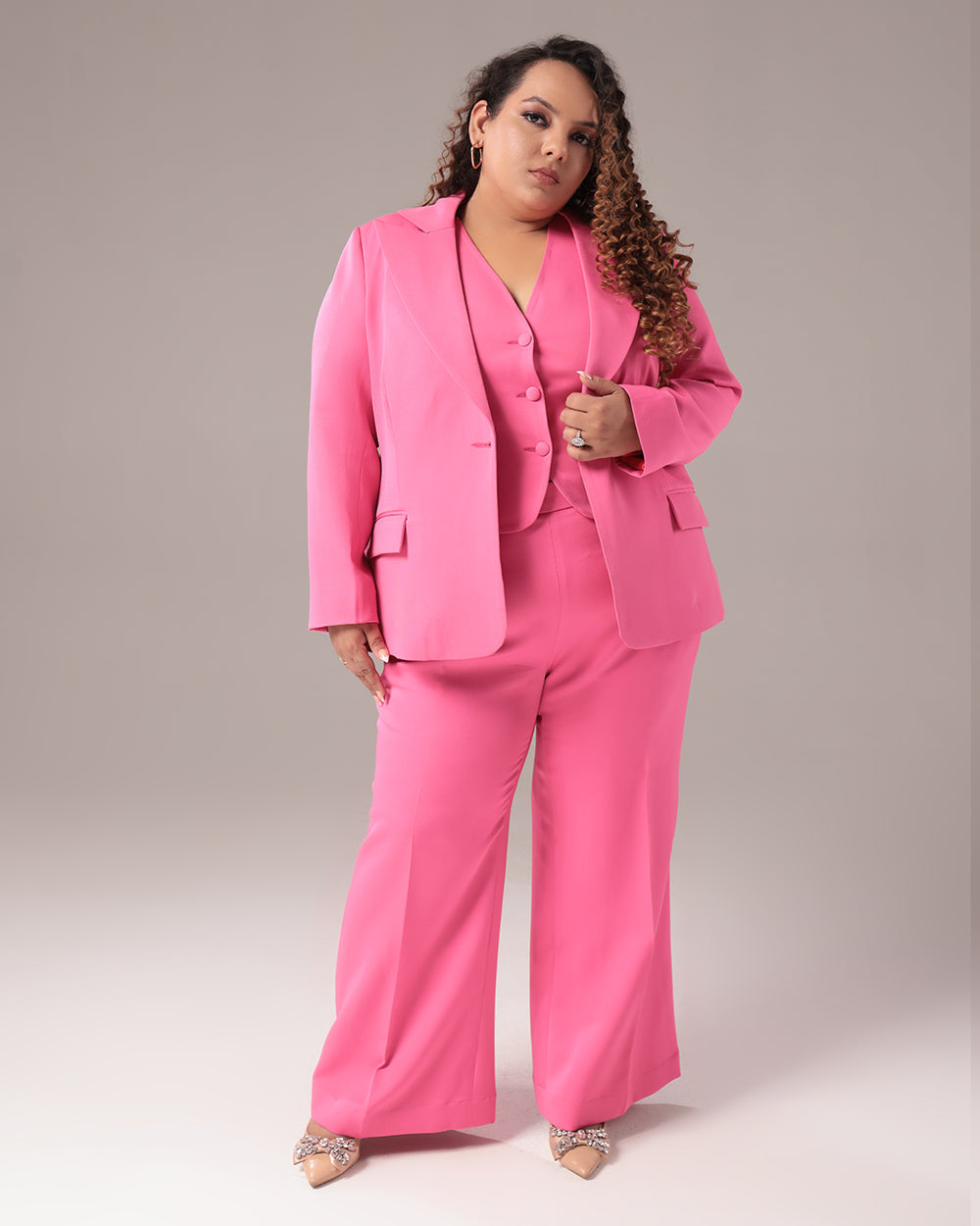 Plus Size Pink Slim Fit Blazer Suit