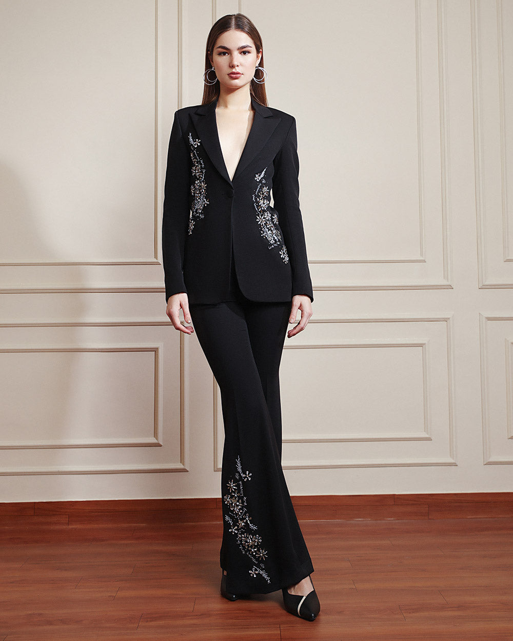 Black Embellished Floral Suit - Main Image