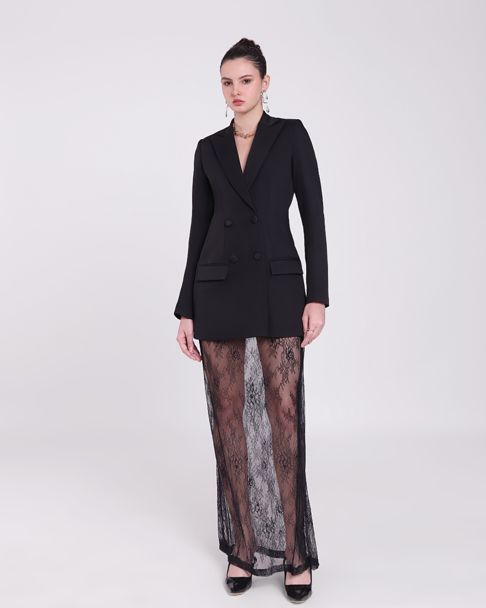 Elara Black Chantilly Netting Blazer Suit