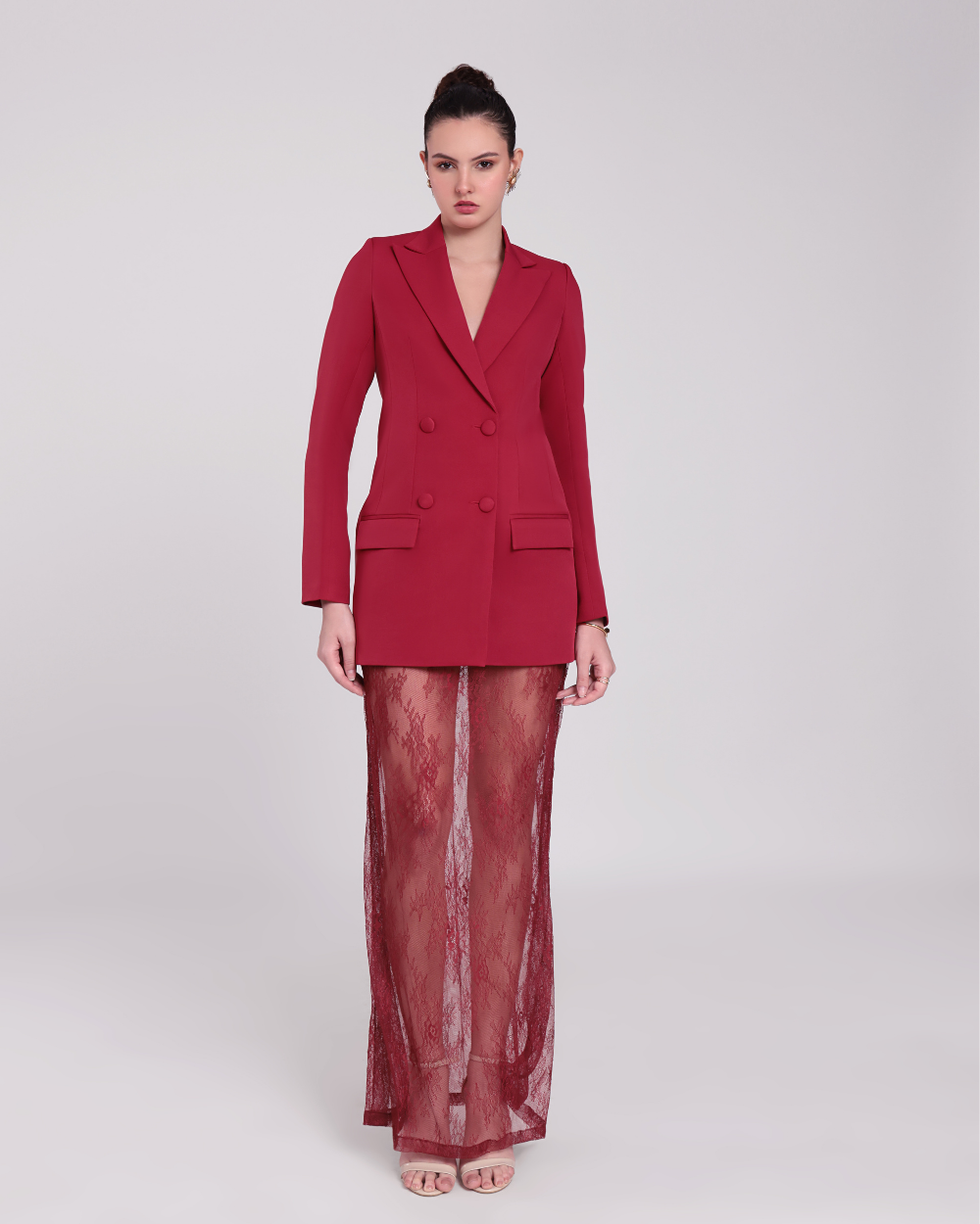 Elara Maroon Chantilly Netting Blazer Suit