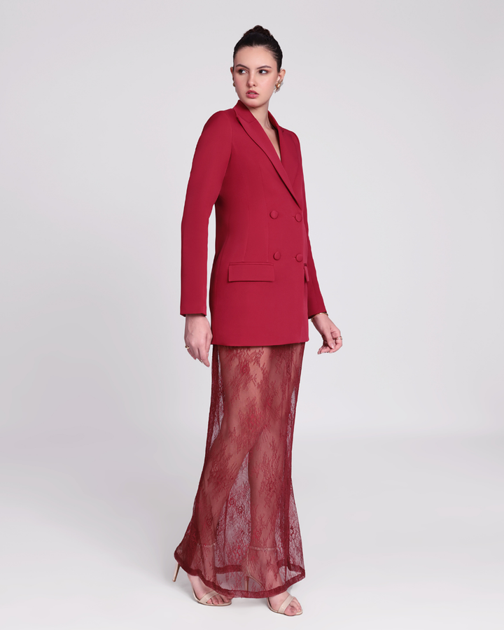 Elara Maroon Chantilly Netting Blazer Suit