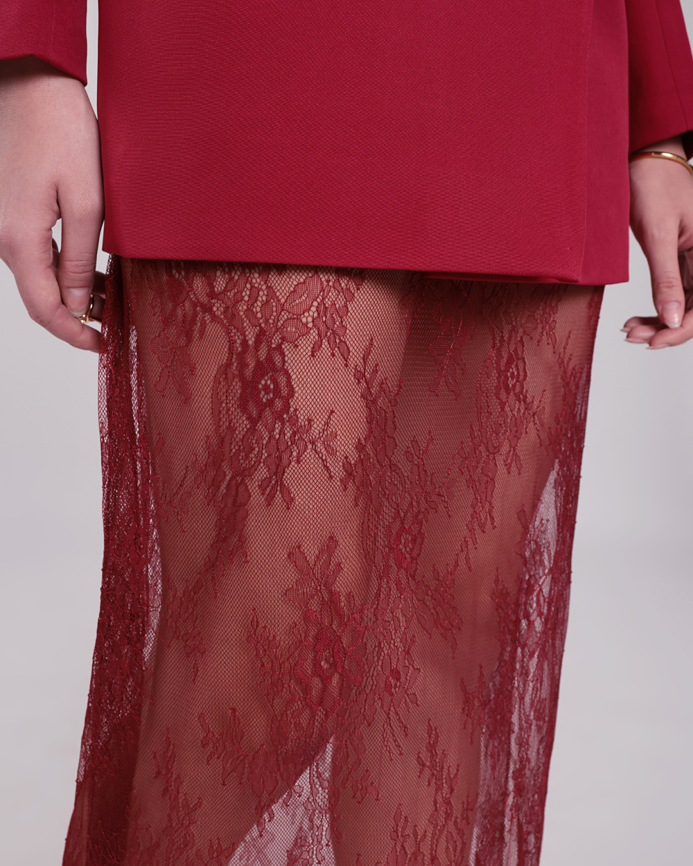 Elara Maroon Chantilly Netting Blazer Suit