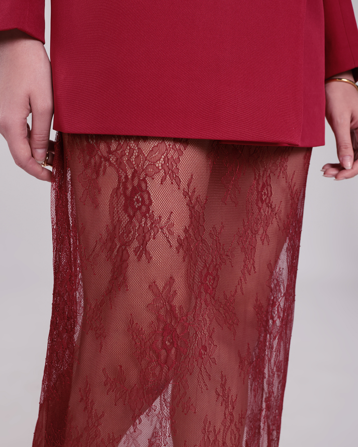Elara Maroon Chantilly Netting Blazer Suit