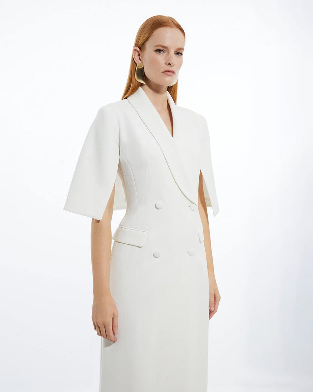 Bella White Cape Sleeve Midi Blazer Dress