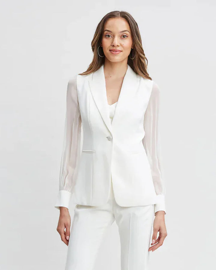 White Single-Breatsed Blazer With Organza Sleeves