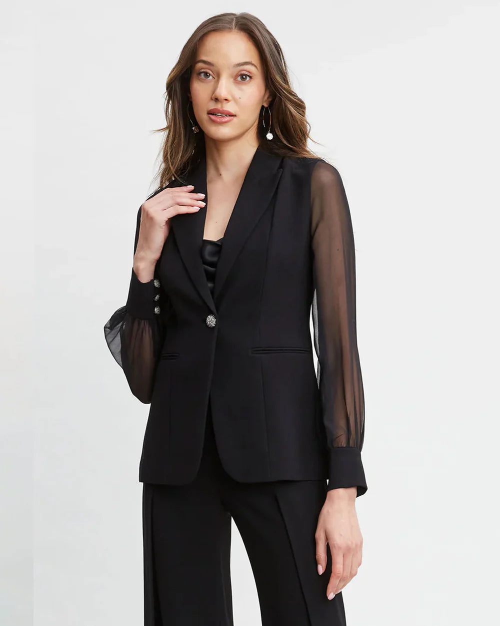 Black Single-Breatsed Blazer With Organza Sleeves