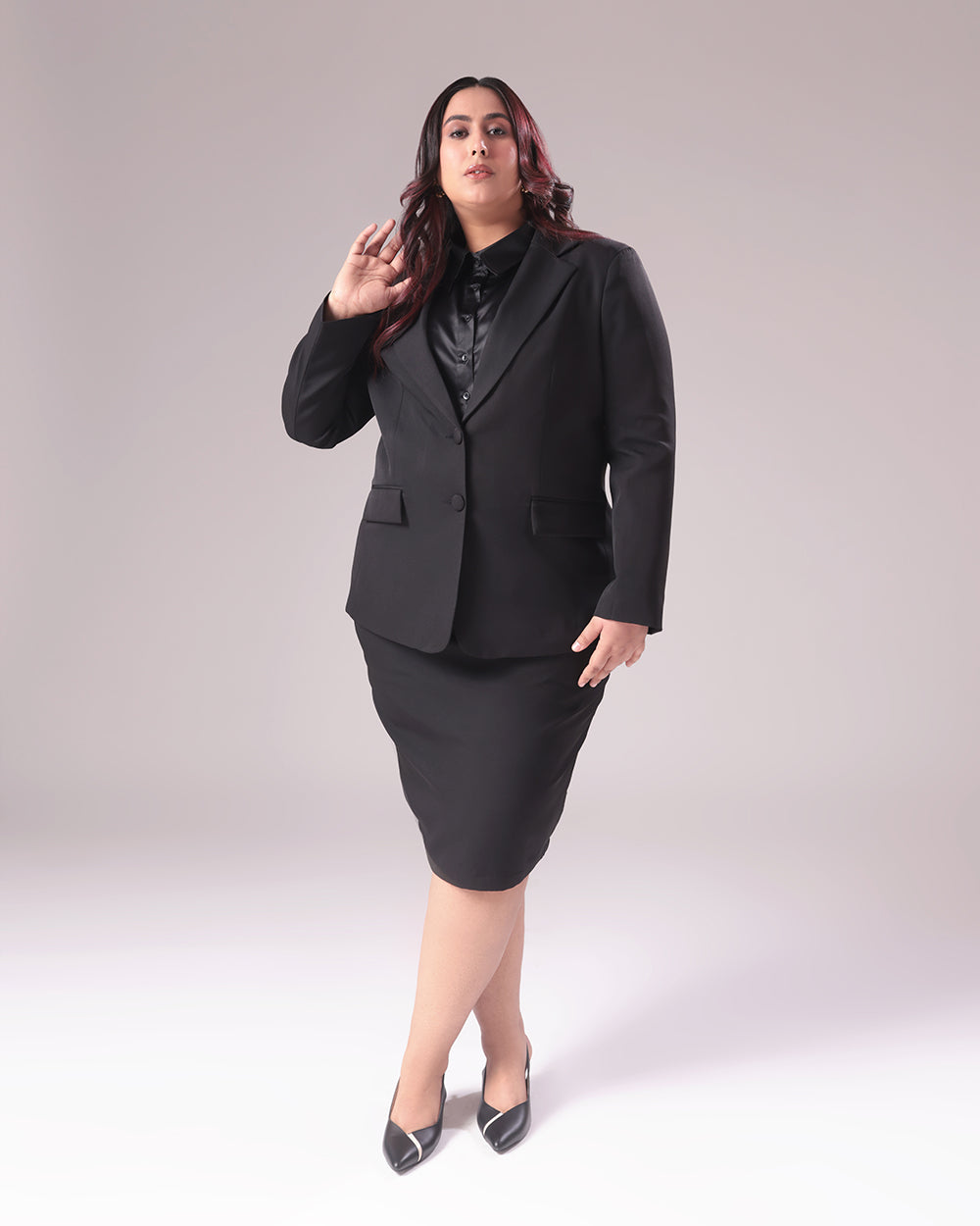 Plus Size Black Single Breasted Blazer & Skirt Set
