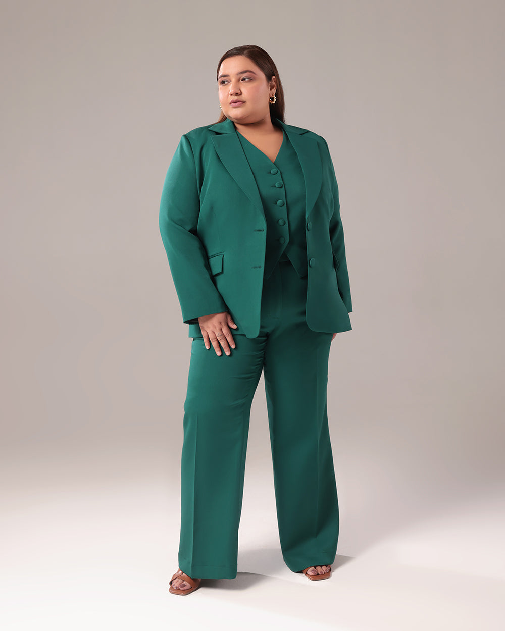 Plus Size Green Slim Fit Blazer Set