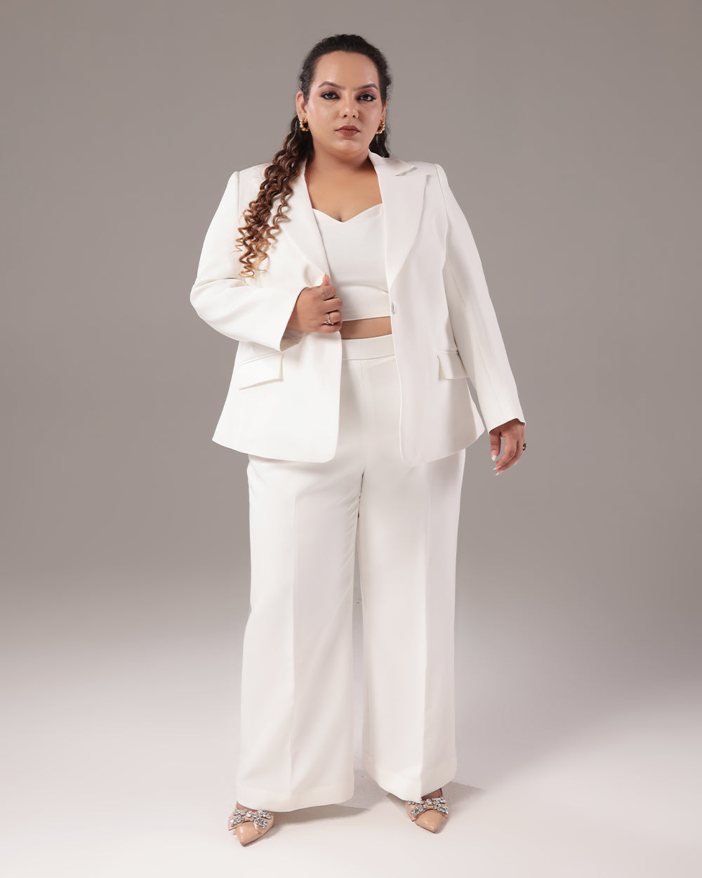 Plus Size White Slim Fit Blazer Suit