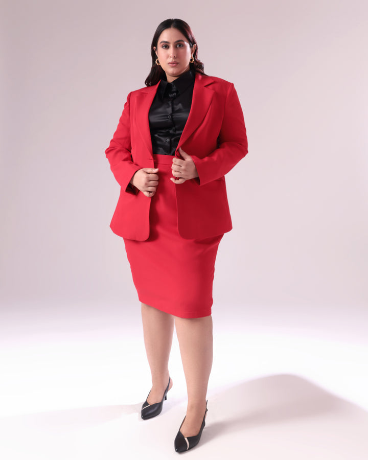 Plus Size Red Single Breasted Blazer & Skirt Set