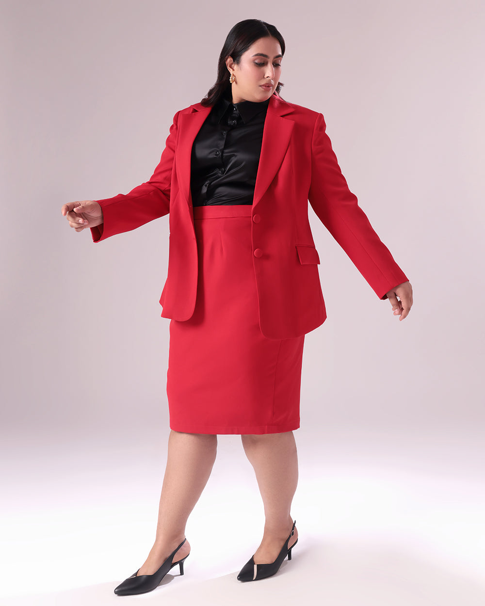 Plus Size Red Single Breasted Blazer & Skirt Set