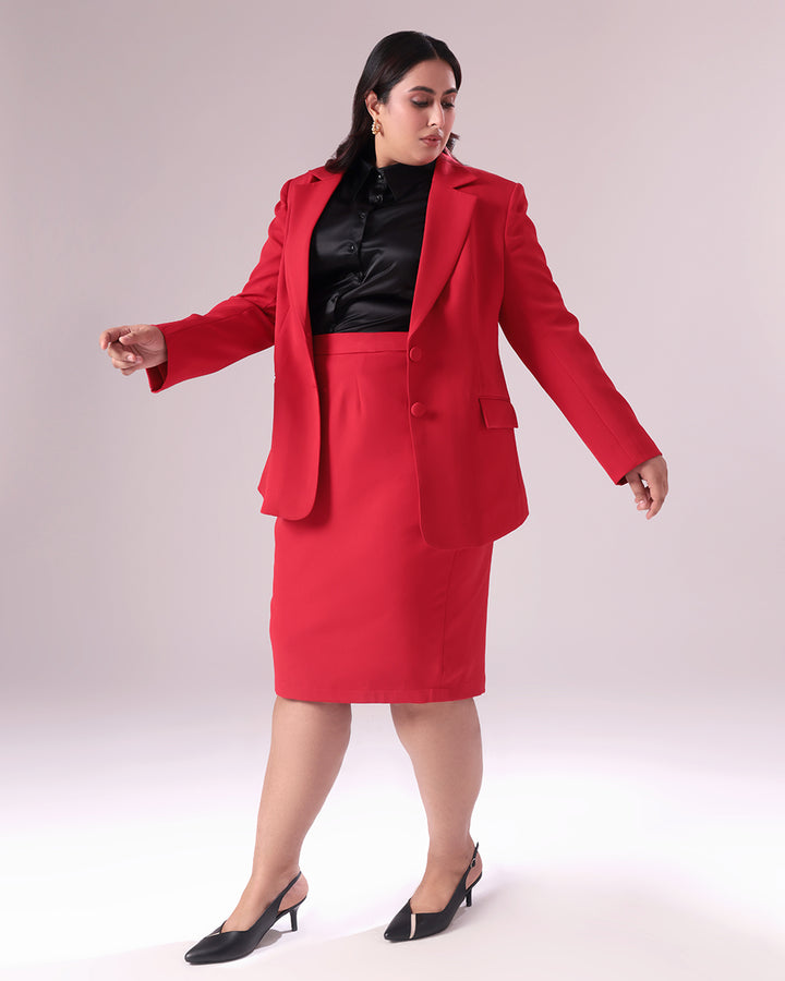 Plus Size Red Single Breasted Blazer & Skirt Set