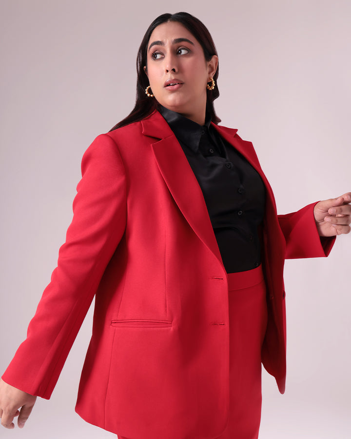 Plus Size Red Single Breasted Blazer & Skirt Set