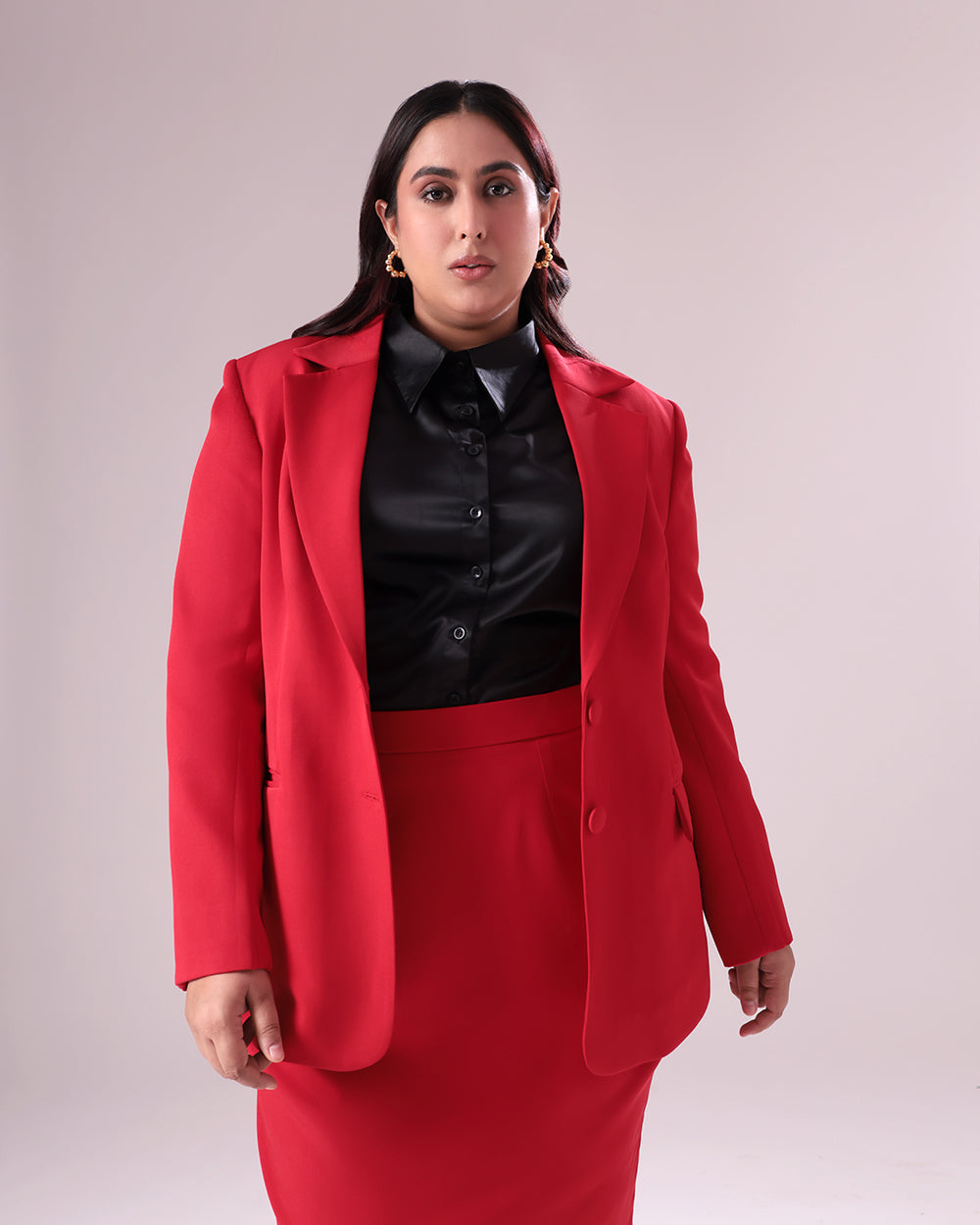 Plus Size Red Single Breasted Blazer & Skirt Set
