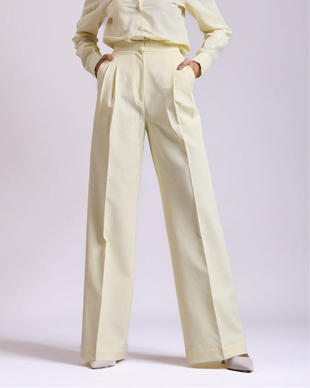 Linen - Yellow Pleated High-waisted Pants