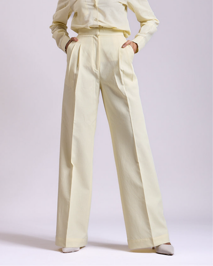 Linen - Yellow Pleated High-waisted Pants