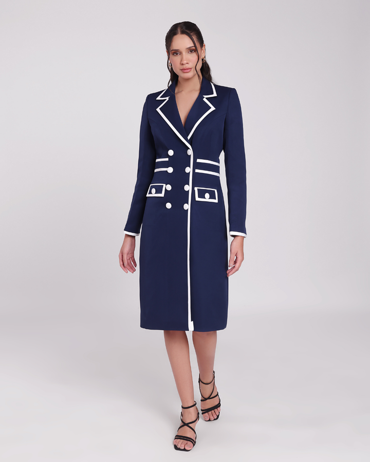 Grace Navy Blue Contrast-Piping Blazer Dress