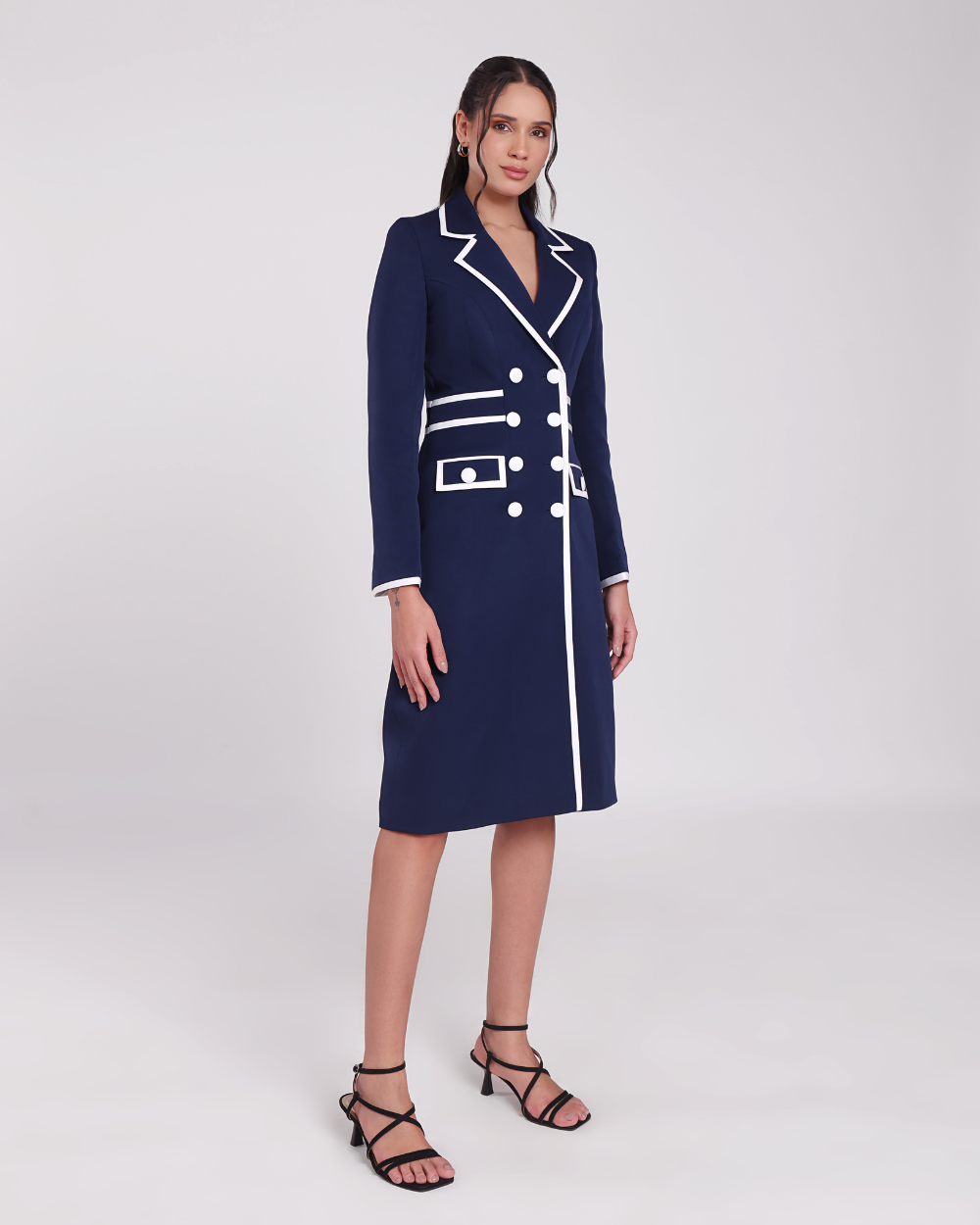 Grace Navy Blue Contrast-Piping Blazer Dress