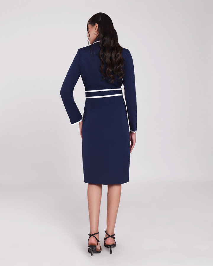 Grace Navy Blue Contrast-Piping Blazer Dress