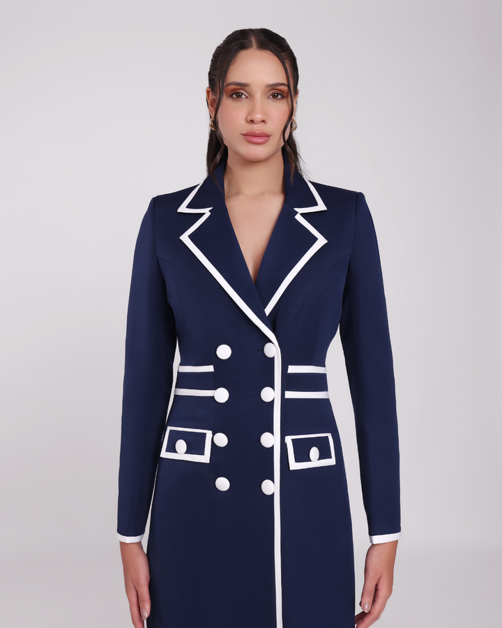 Grace Navy Blue Contrast-Piping Blazer Dress