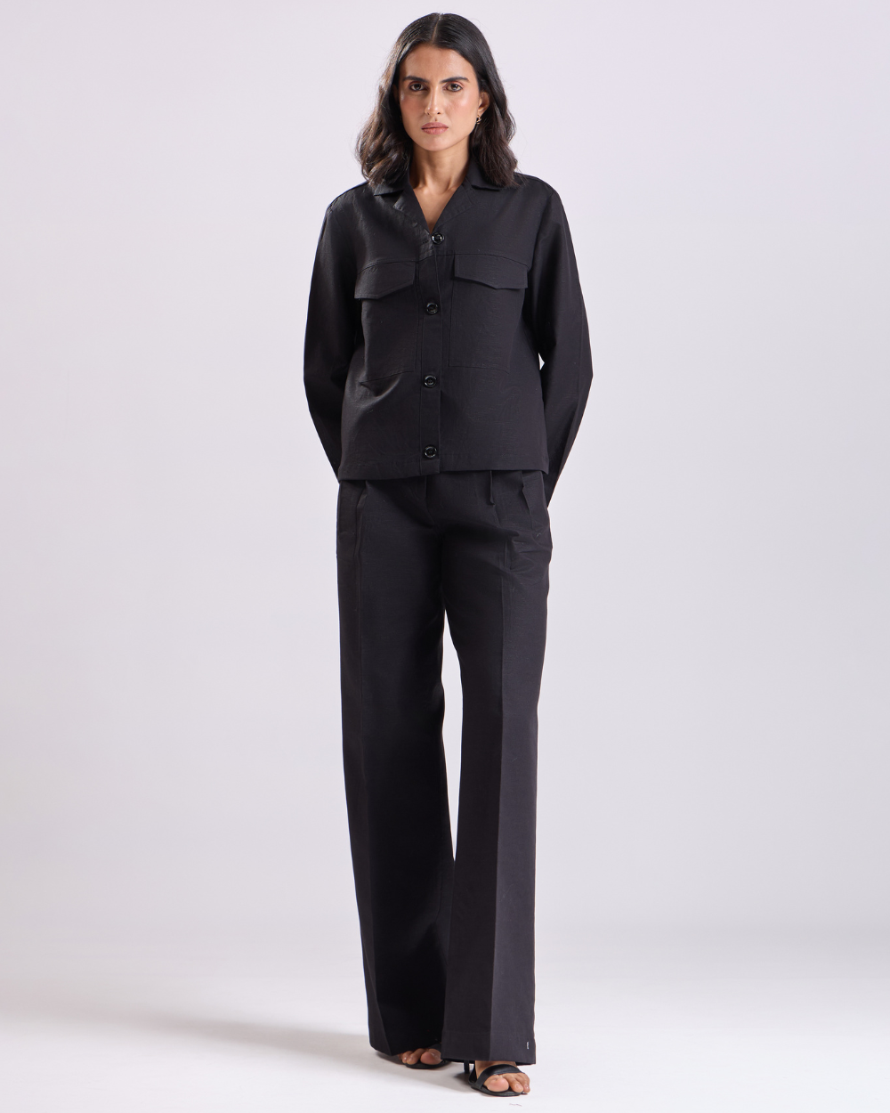 Black Crop Shirt And Pant Set
