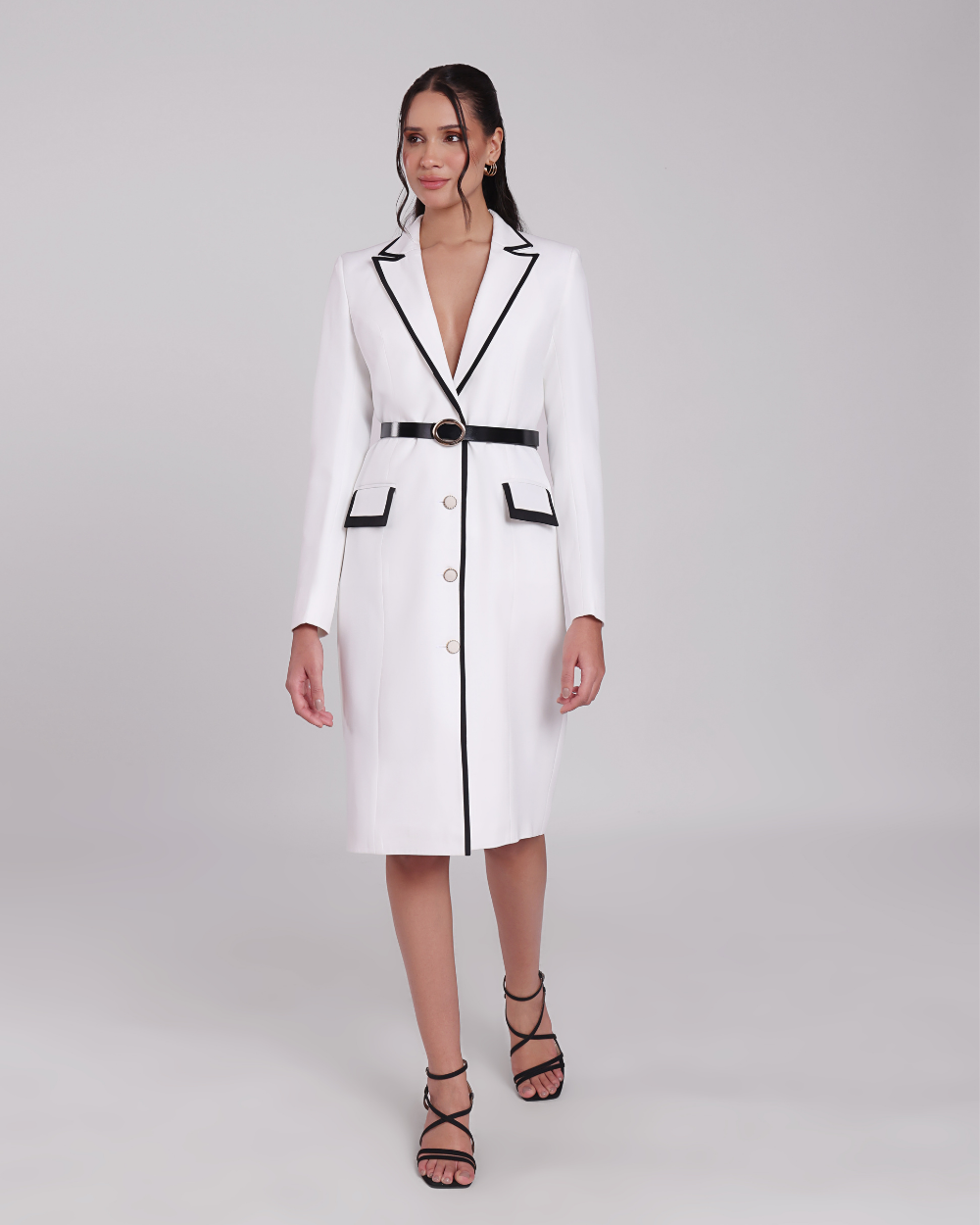 Marcy White Contrast-Piping Blazer Dress