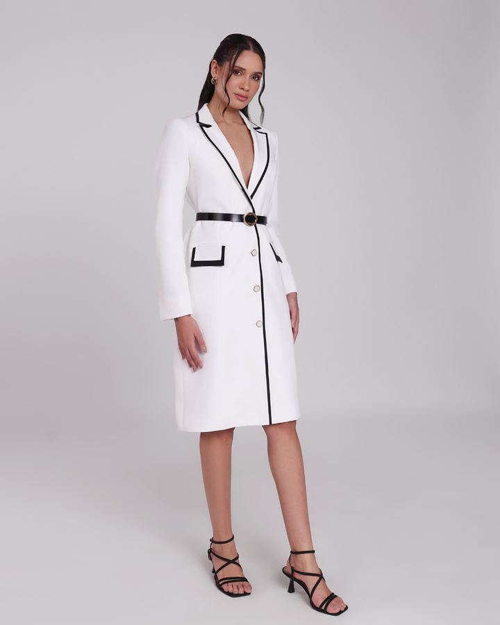 Marcy White Contrast-Piping Blazer Dress