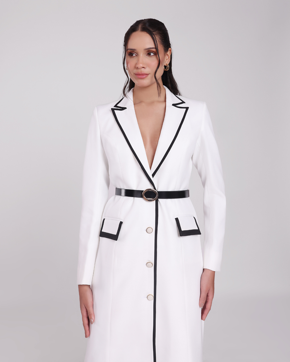 Marcy White Contrast-Piping Blazer Dress