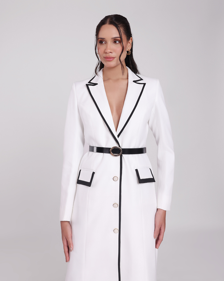 Marcy White Contrast-Piping Blazer Dress