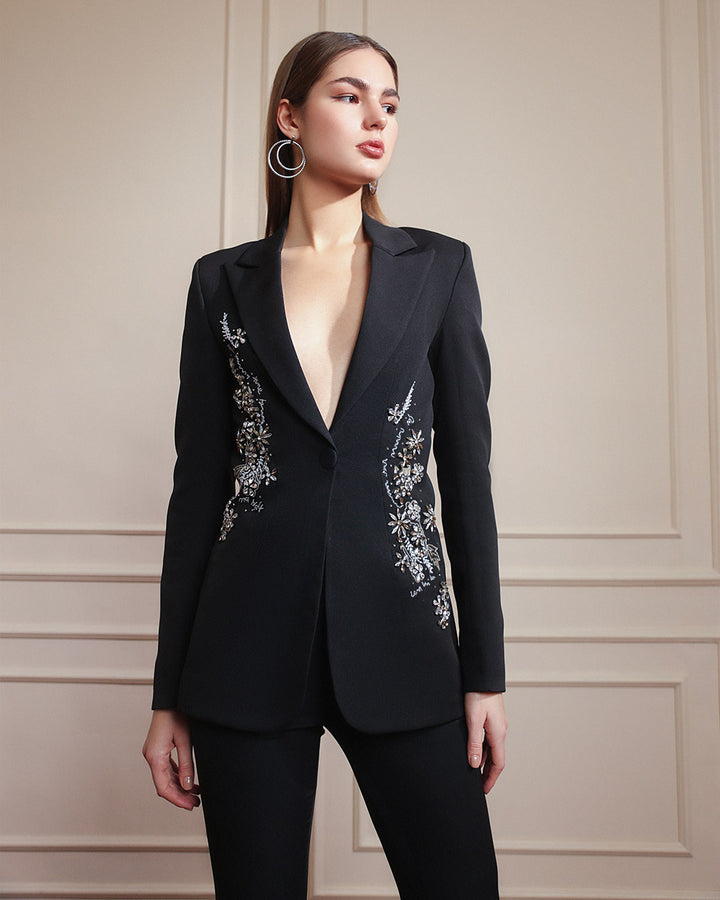 Black Embellished Floral Suit