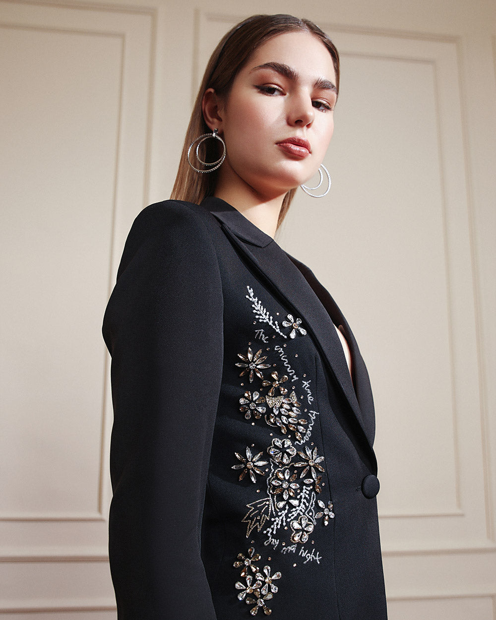 Black Embellished Floral Suit