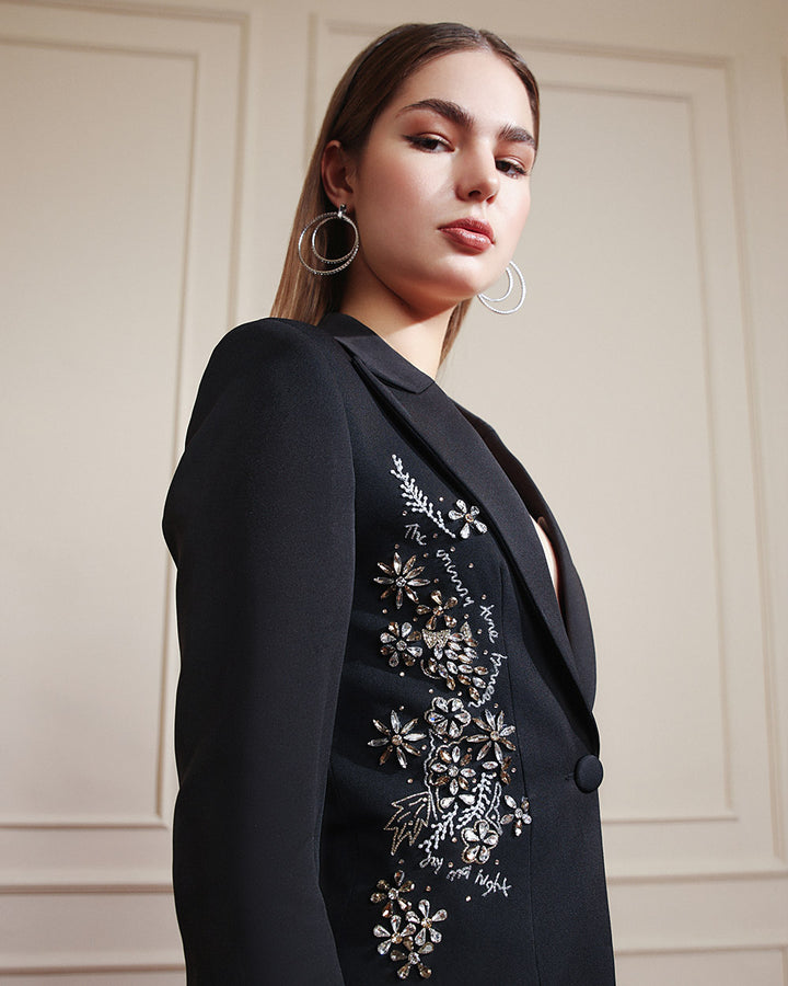 Black Embellished Floral Suit