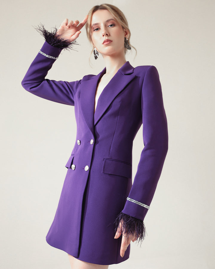 Purple Feather Sleeve Blazer Dress