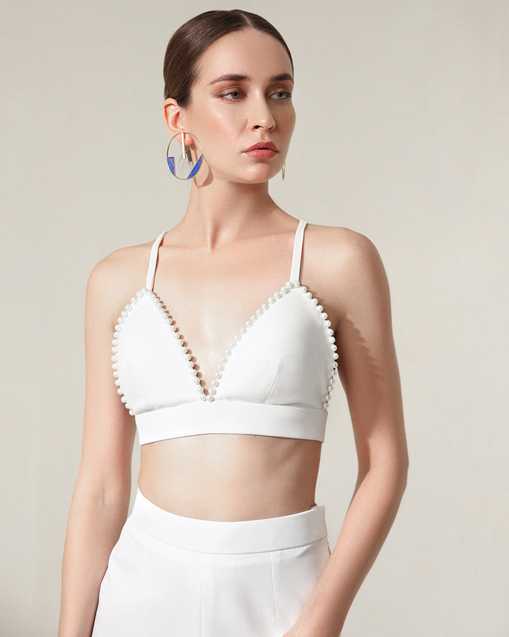 white pearl beaded crop top