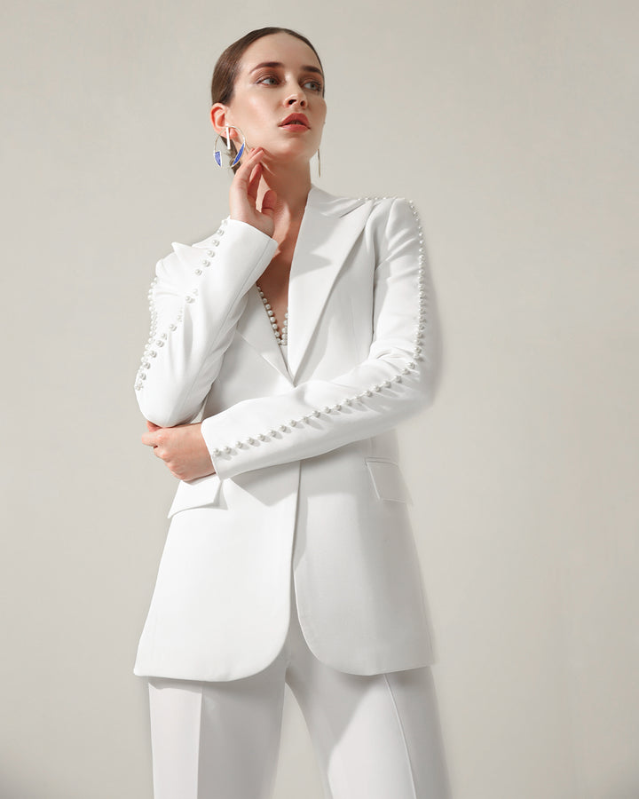 Pearl White Embroidery Blazer Suit