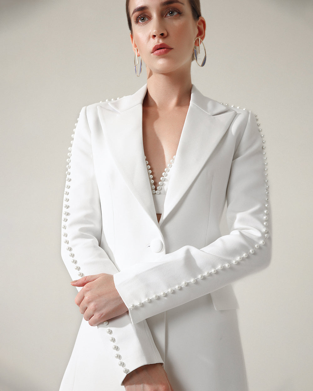 Pearl White Embroidery Blazer Suit