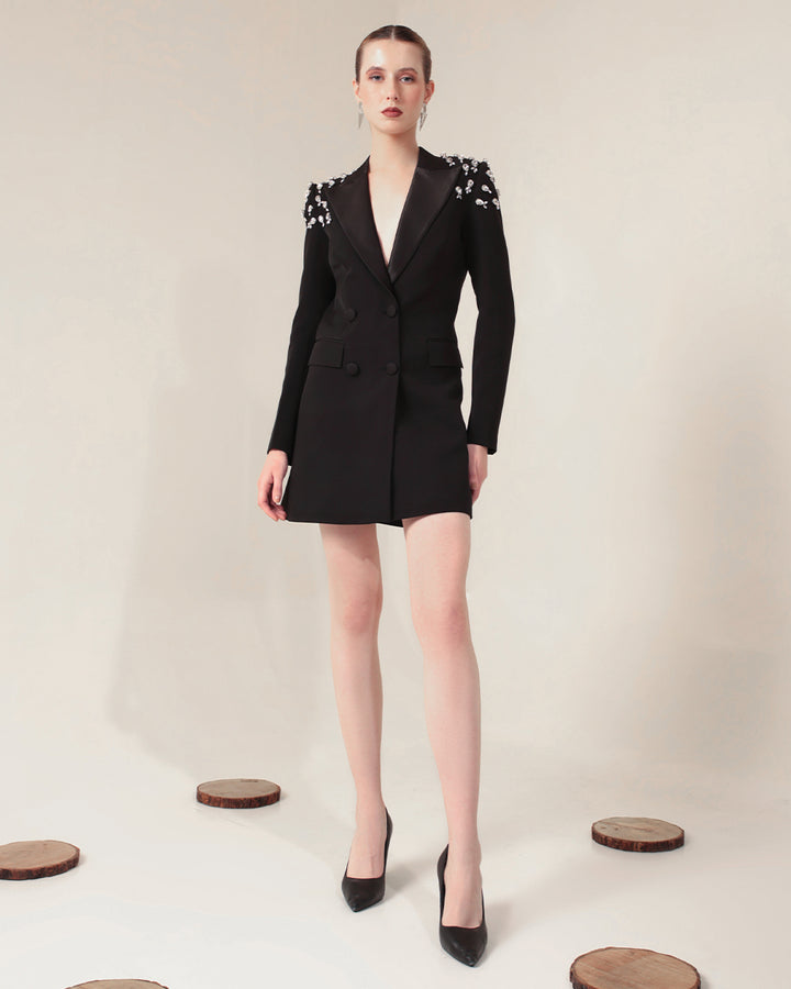 Stellar Black  Embroidered Blazer Dress