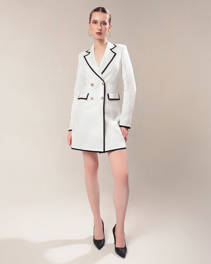 White Blazer Dress With Black Piping