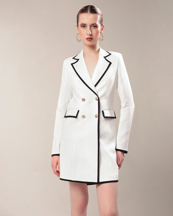 White Blazer Dress With Black Piping