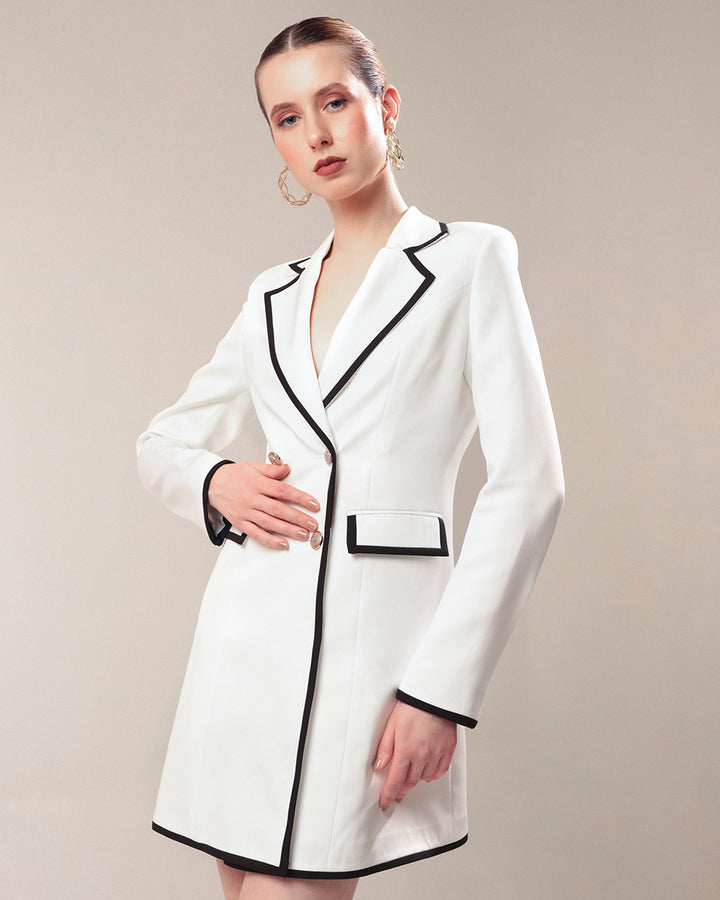 White Blazer Dress With Black Piping