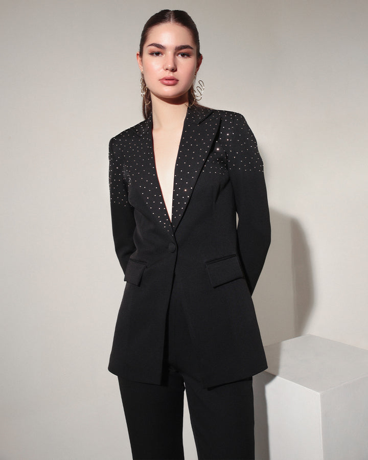 Black Swarovski Beaded Blazer Suit