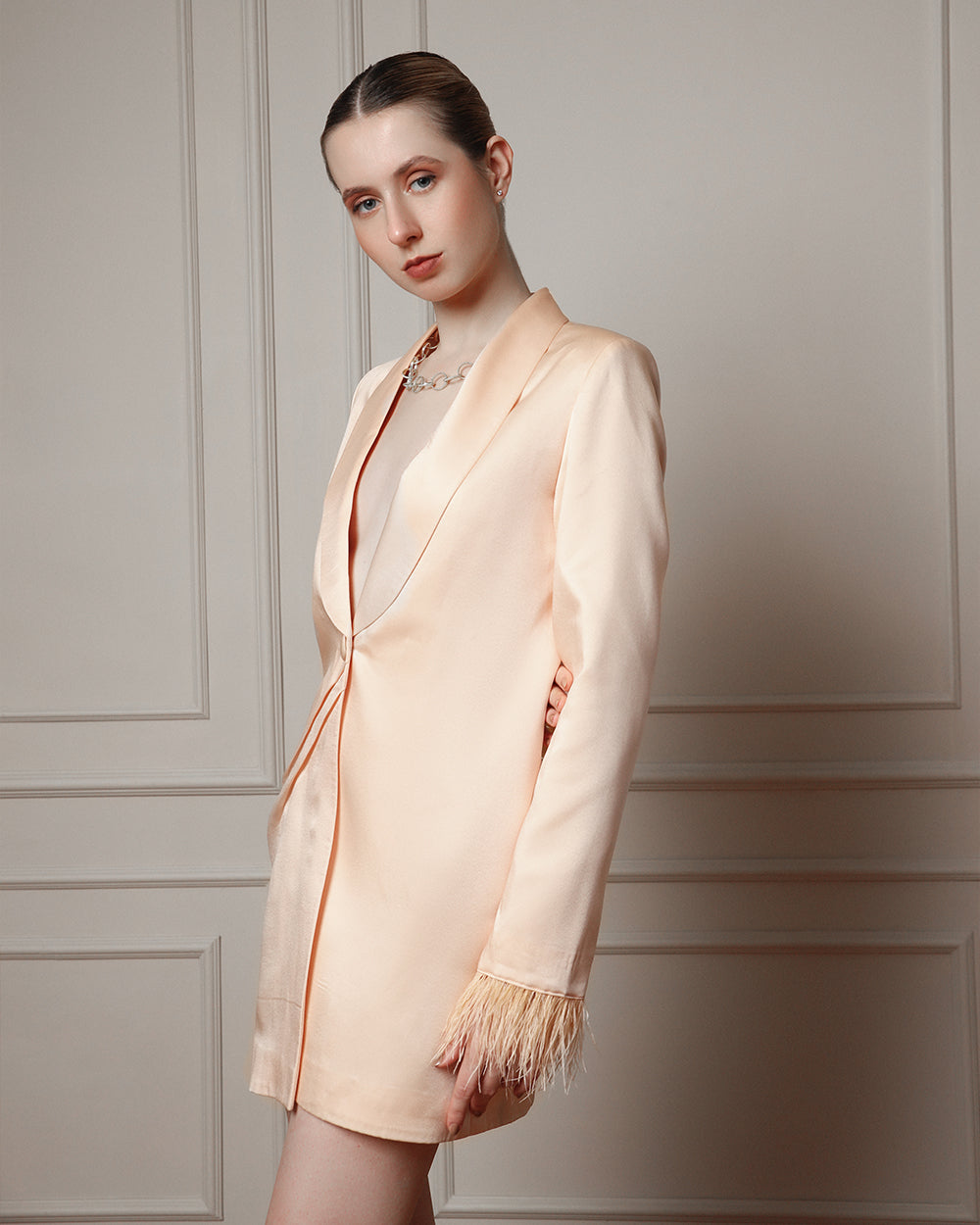 Satin Luxe Blazer Dress with Feather Sleeves