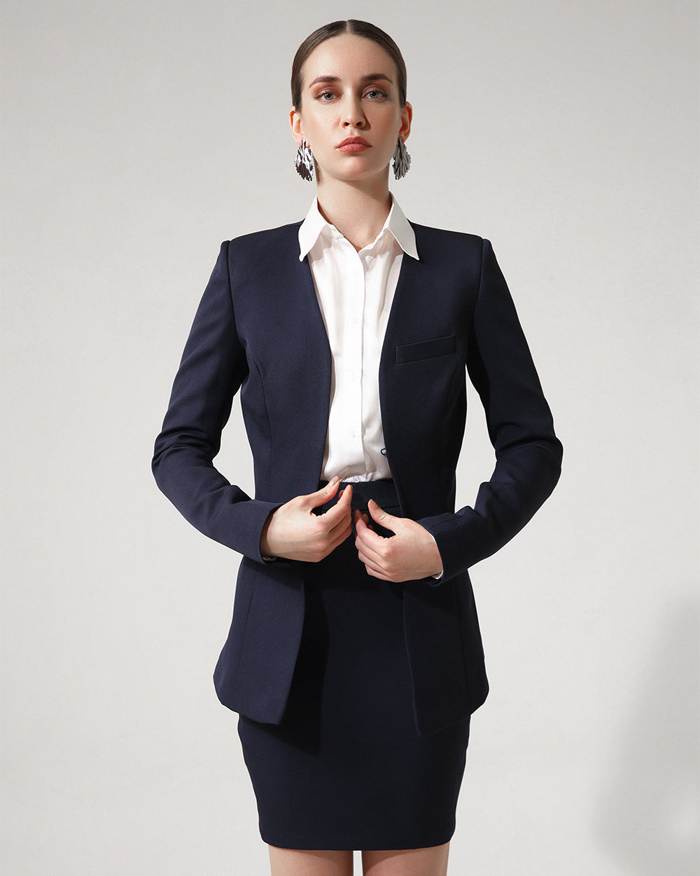 Classic Navy Blue Blazer and Skirt Set