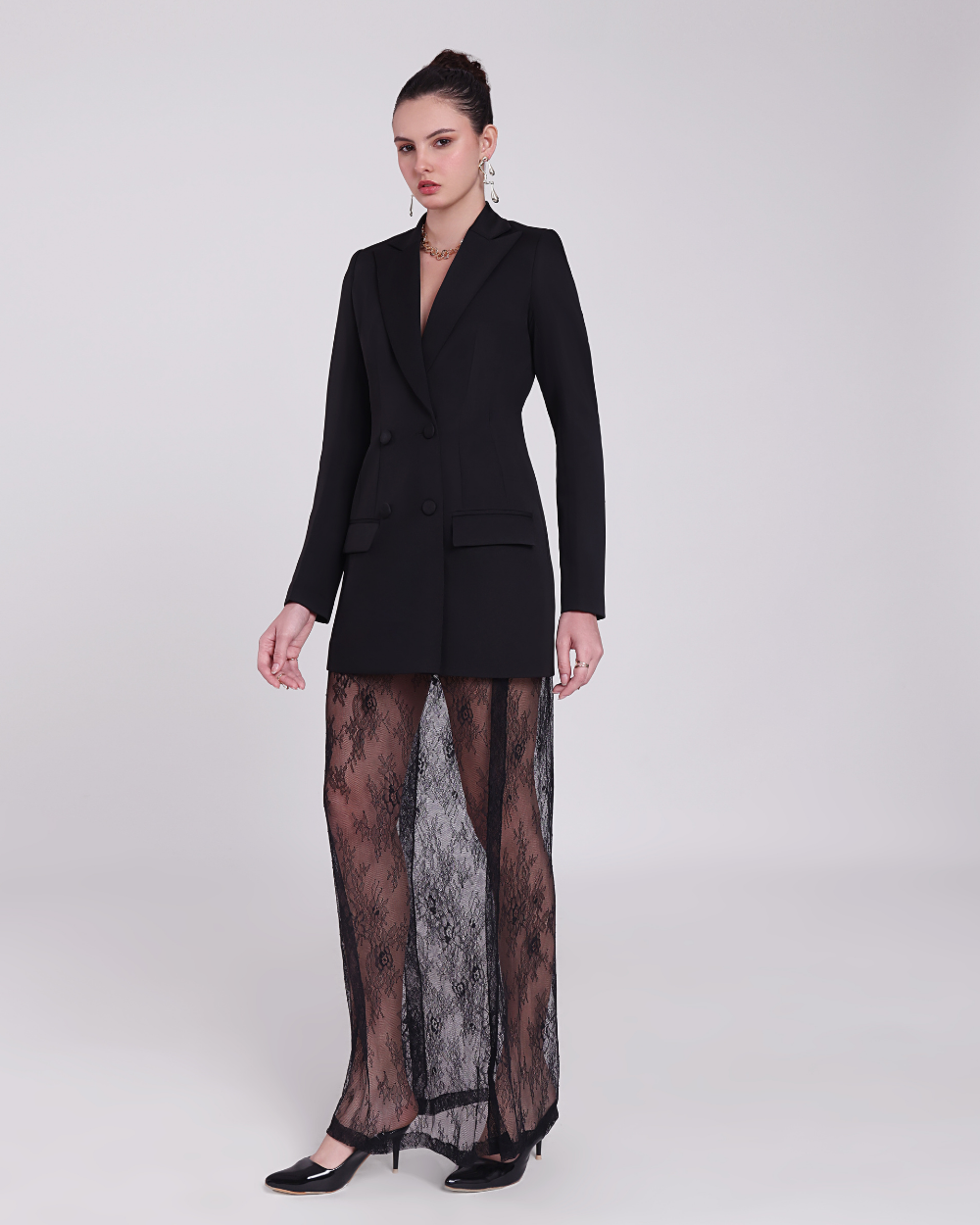 Elara Black Chantilly Netting Blazer Suit