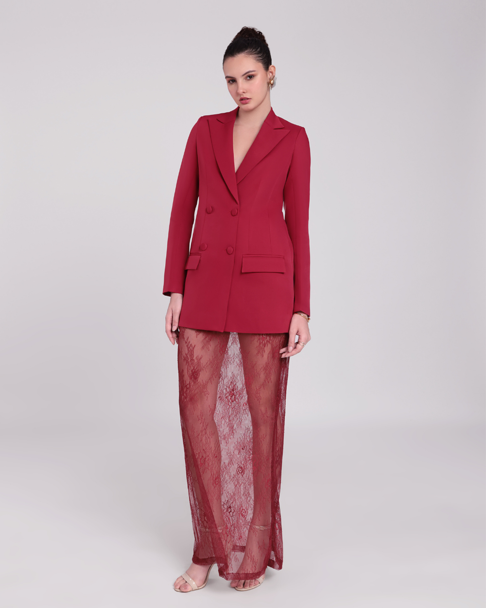 Elara Maroon Chantilly Netting Blazer Suit