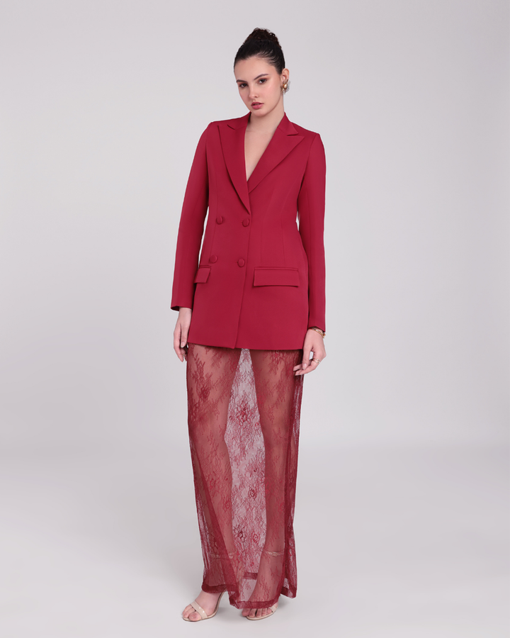 Elara Maroon Chantilly Netting Blazer Suit