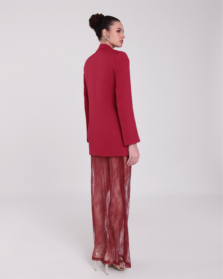 Elara Maroon Chantilly Netting Blazer Suit