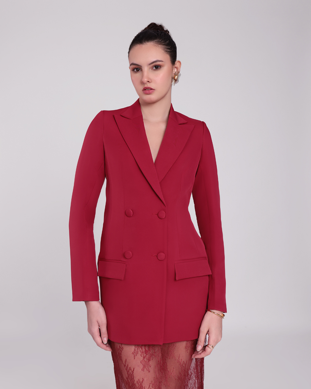Elara Maroon Chantilly Netting Blazer Suit