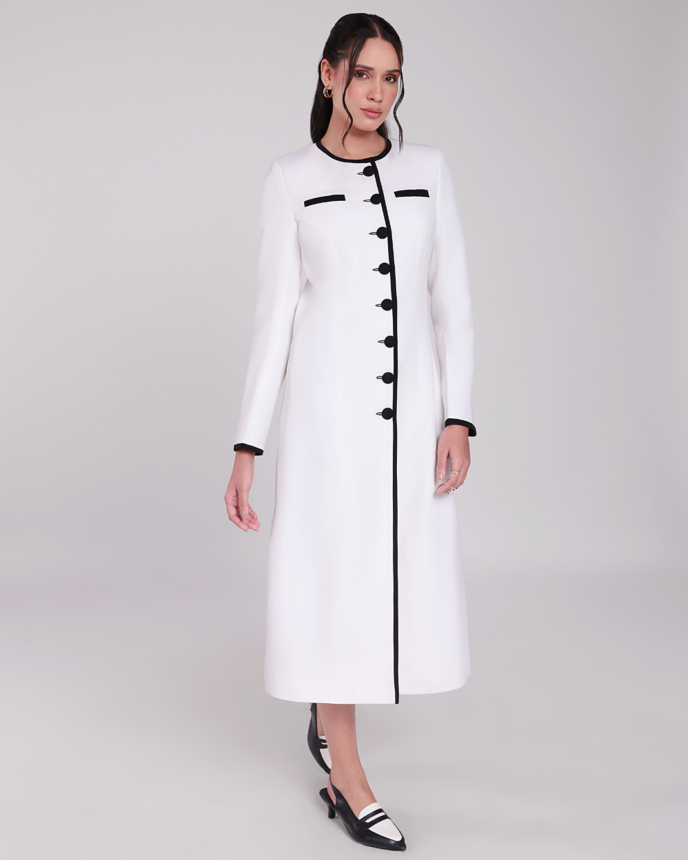 Stacy White Contrast-Piping Single Breasted Blazer Dress