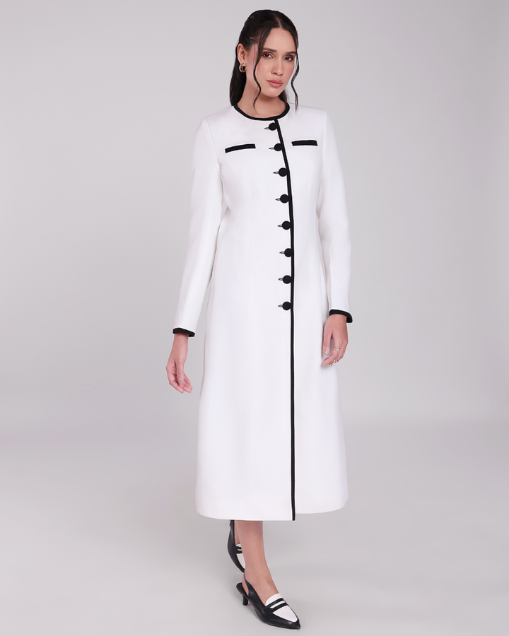 Stacy White Contrast-Piping Single Breasted Blazer Dress